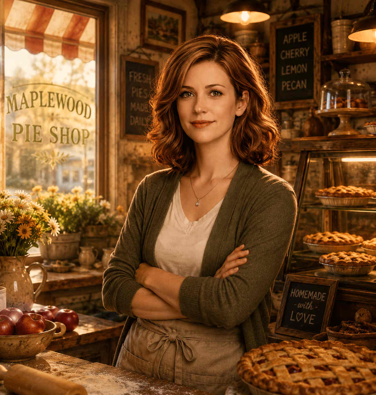 Portrait of Emily Harper, owner and baker at the Maplewood Pie Shop