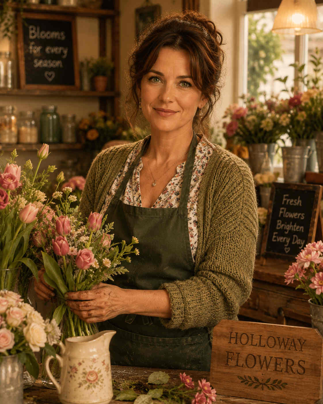 Portrait of Grace Holloway, owner of the local flower shop