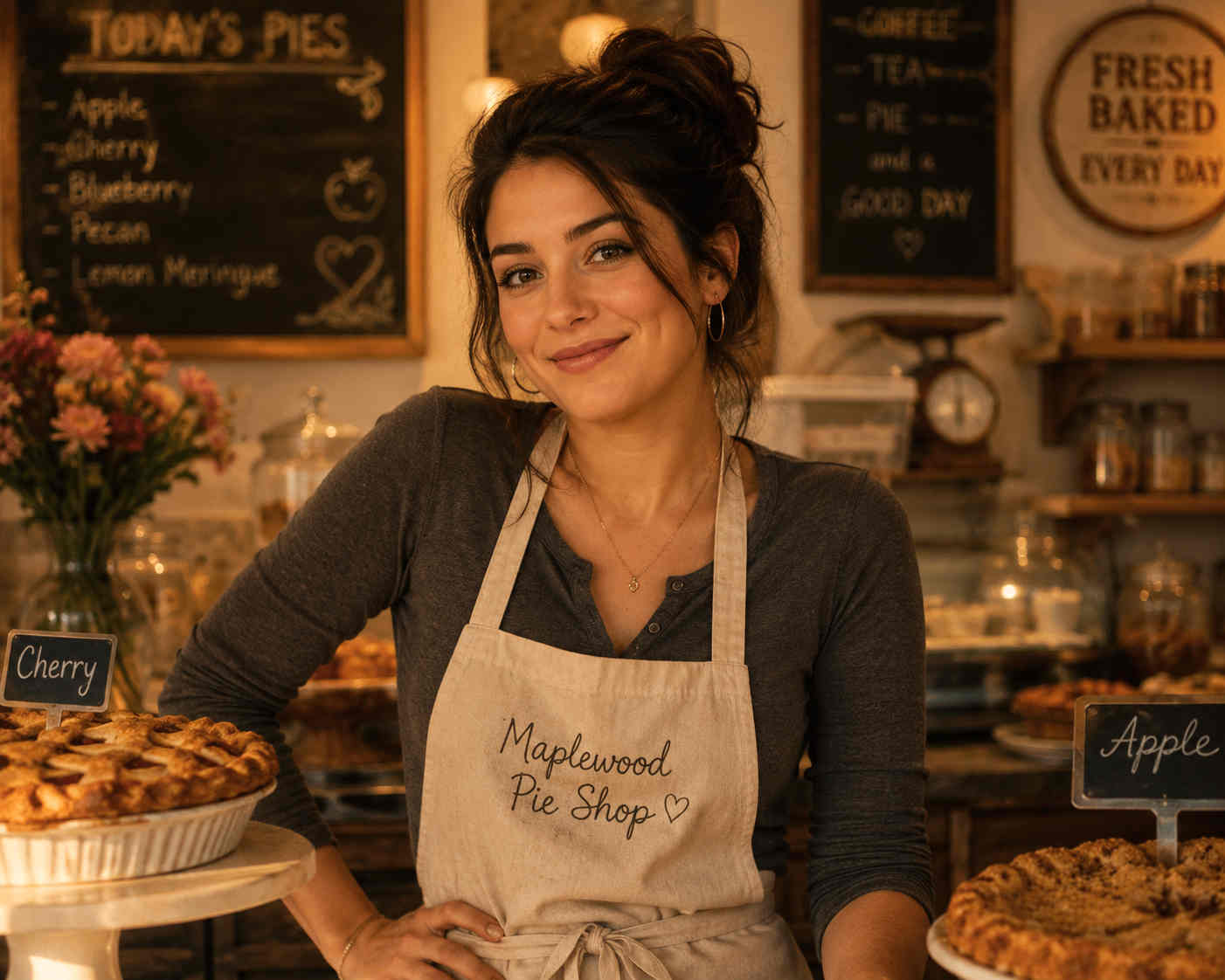 Portrait of Lila Monroe, Emily Harper's best friend and pie shop co-worker