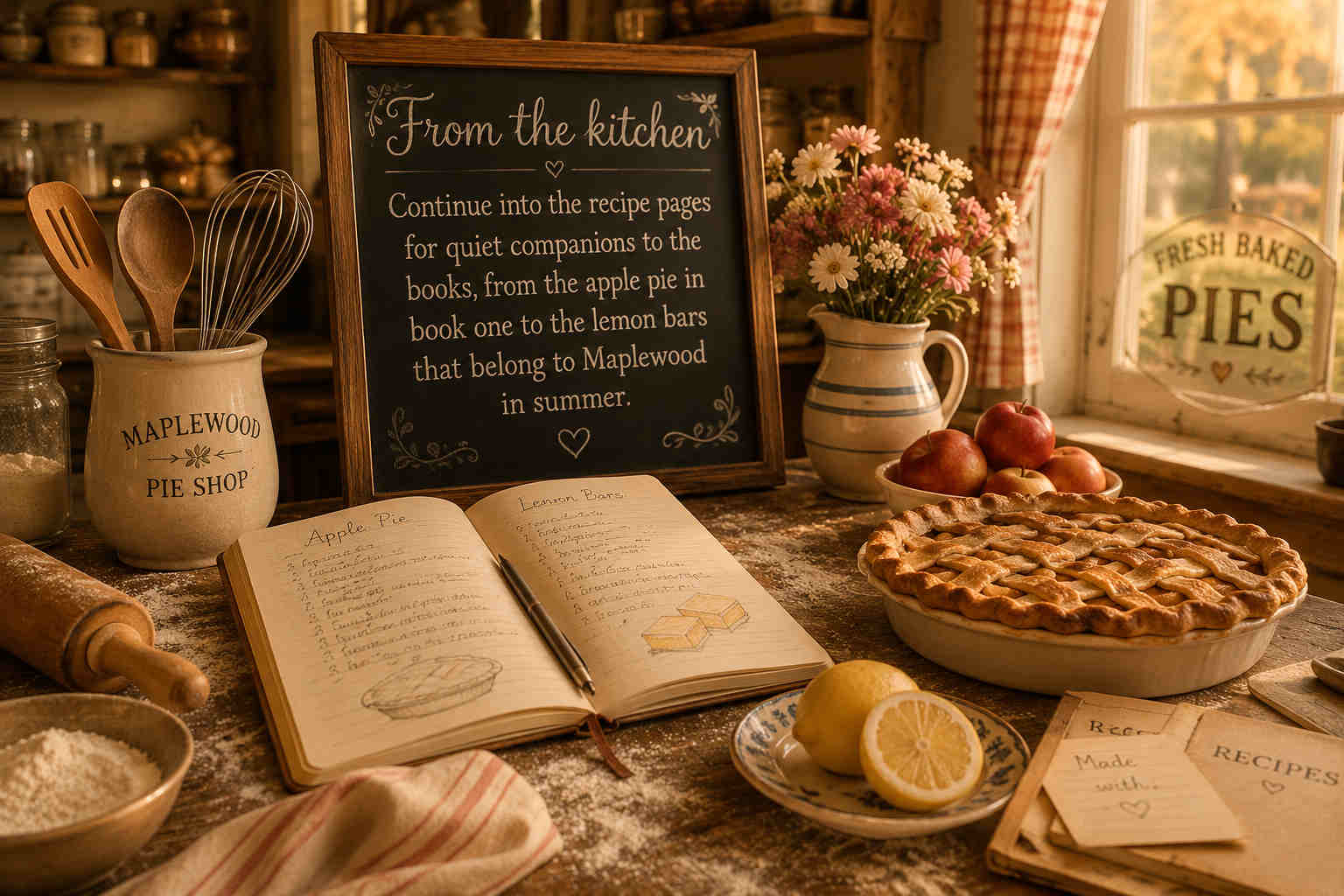 Cozy Maplewood Pie Shop kitchen scene with a chalkboard inviting readers to the recipe pages