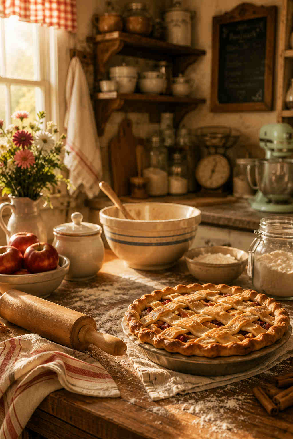 Warm Maplewood kitchen table with apple pie, baking tools, apples, flour, and morning light