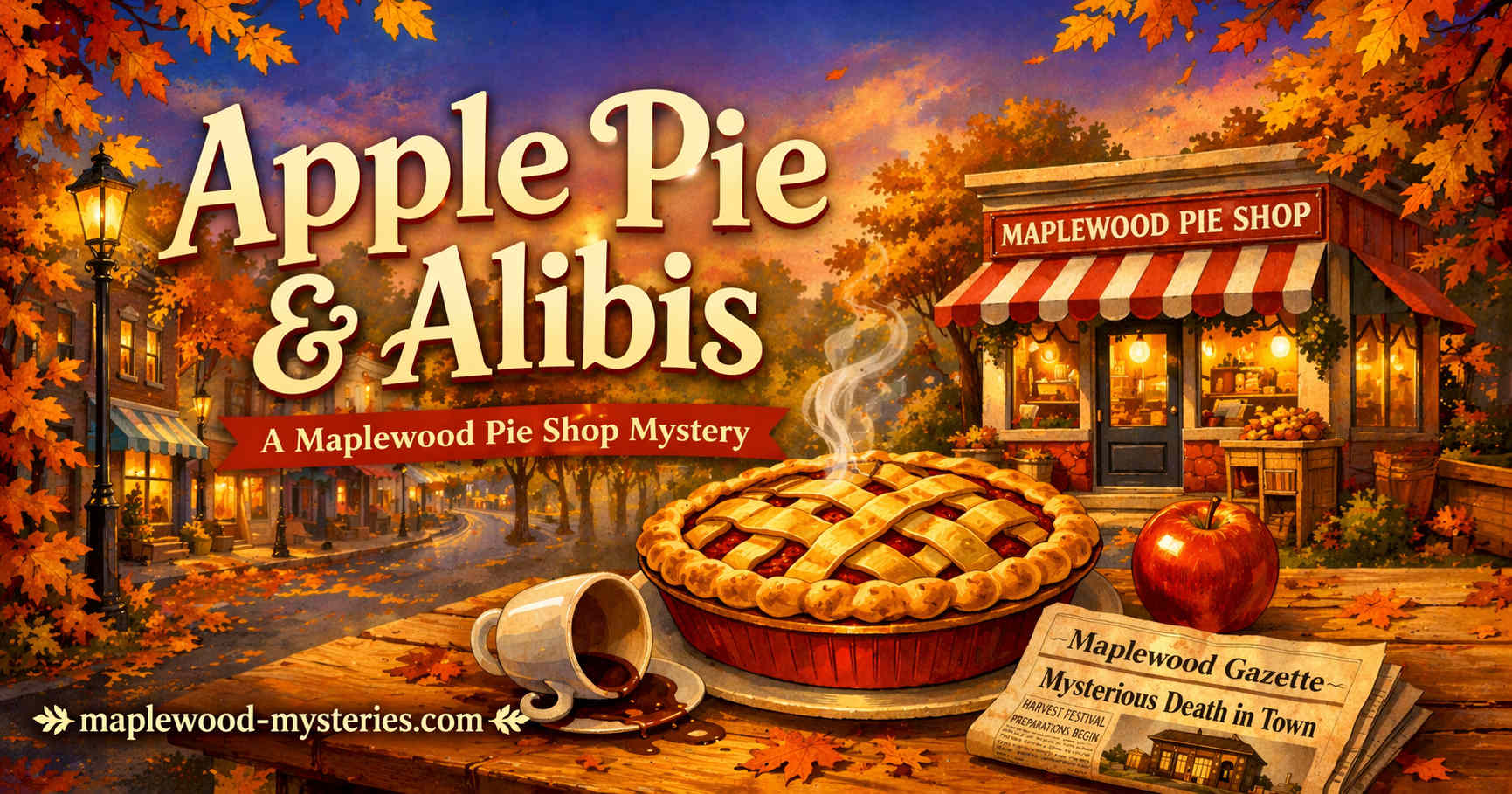 Apple Pie & Alibis book image with apple pie and a cozy Maplewood mystery mood