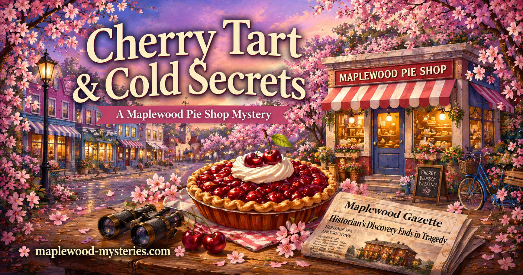 Cherry Tart & Cold Secrets book image with cherry tart and a cozy Maplewood mystery mood