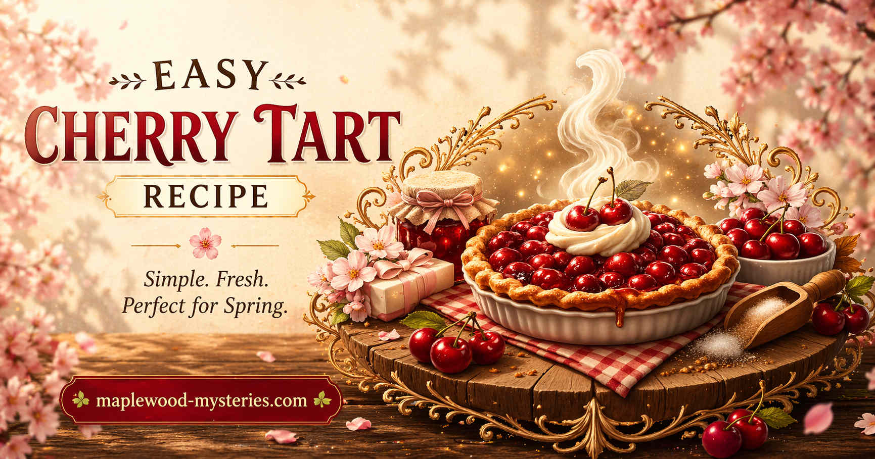 Cherry tart recipe image with a warm seasonal Maplewood baking mood