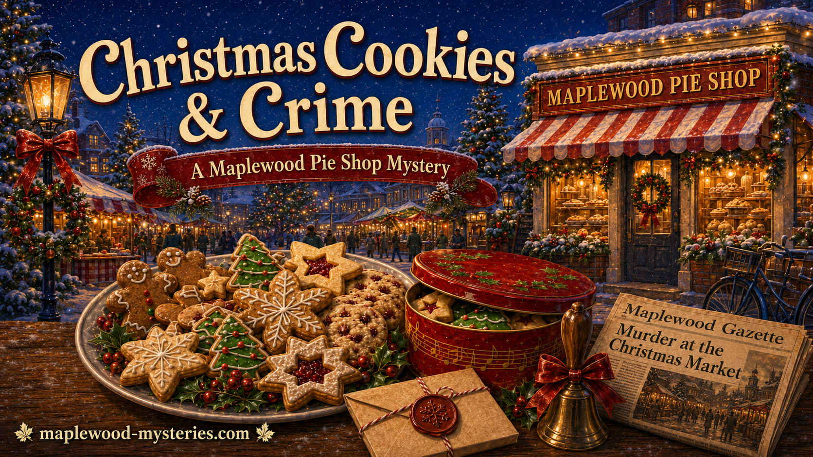 Christmas Cookies & Crime book image with holiday cookies and a snowy Maplewood mystery mood