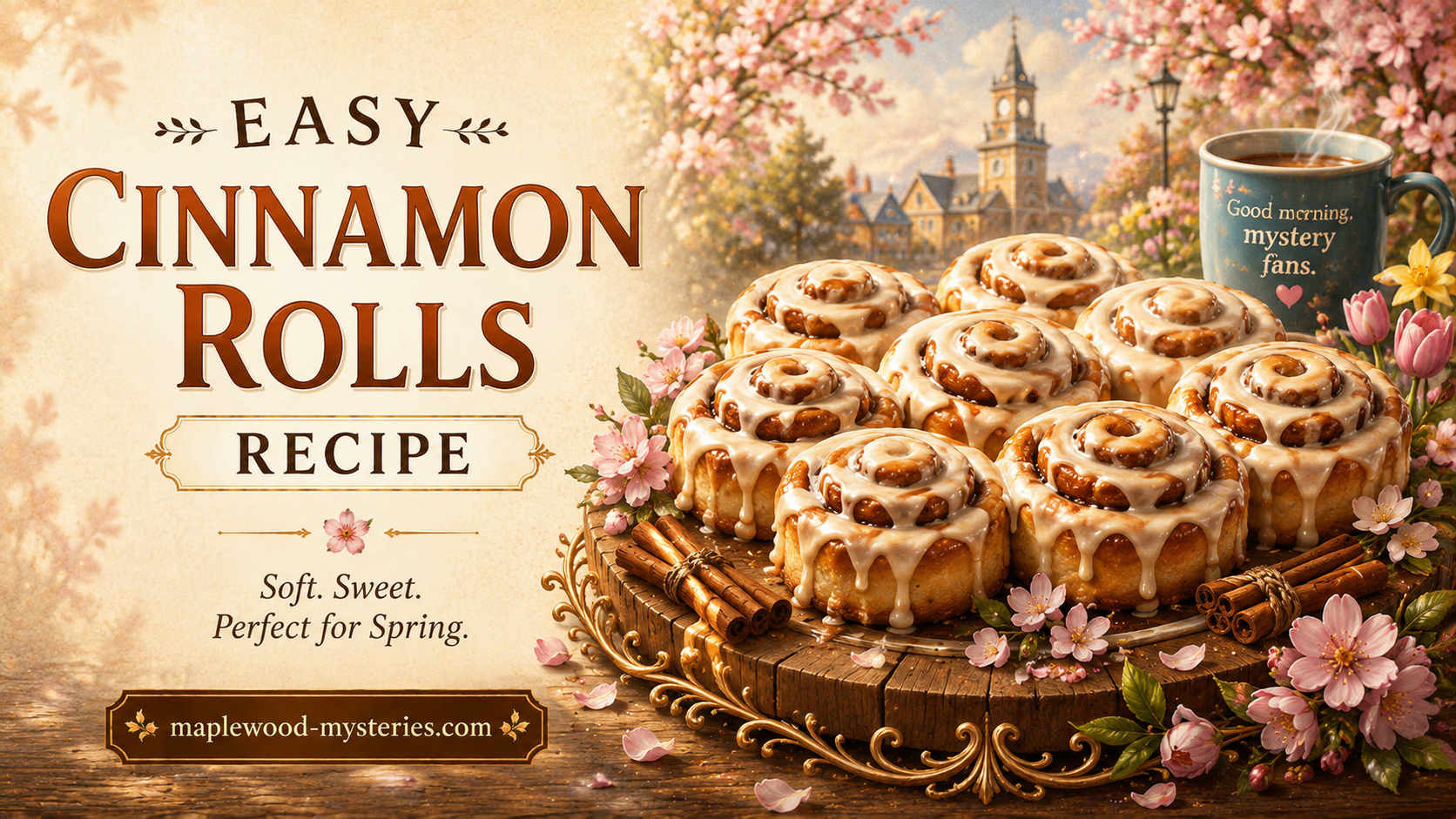 Cinnamon rolls recipe image with spring flowers and Maplewood baking details
