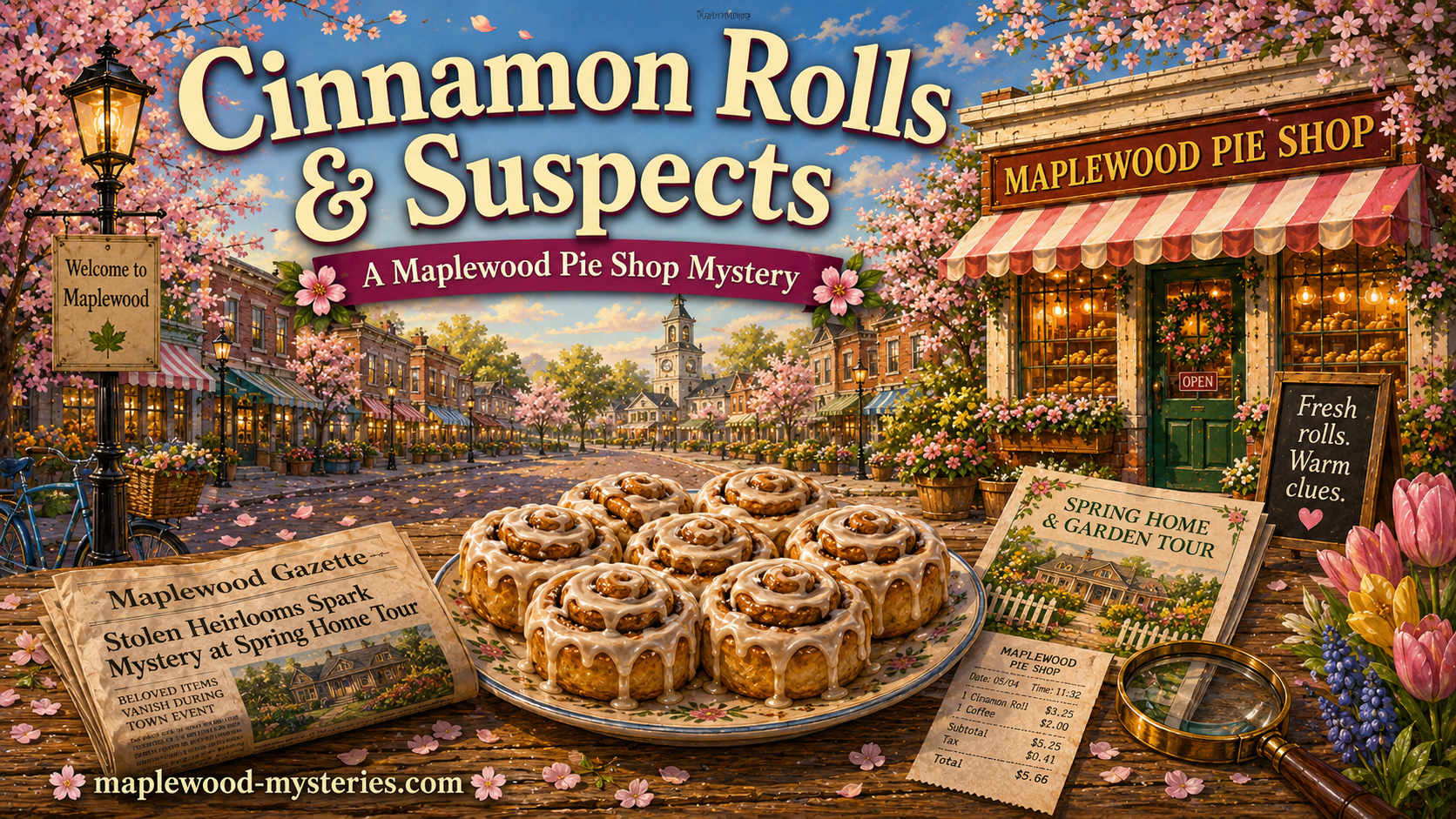 Cinnamon Rolls & Suspects book image with spring flowers, cinnamon rolls, and a Maplewood mystery mood