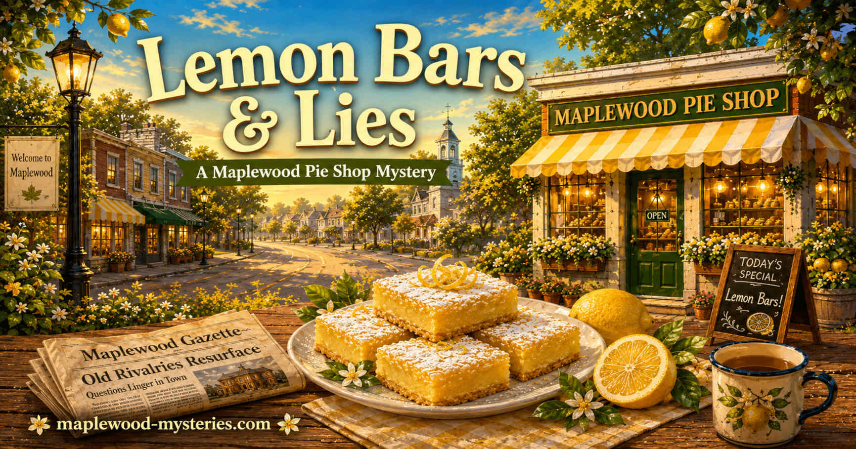Lemon Bars & Lies book image with lemon bars and a cozy Maplewood mystery mood