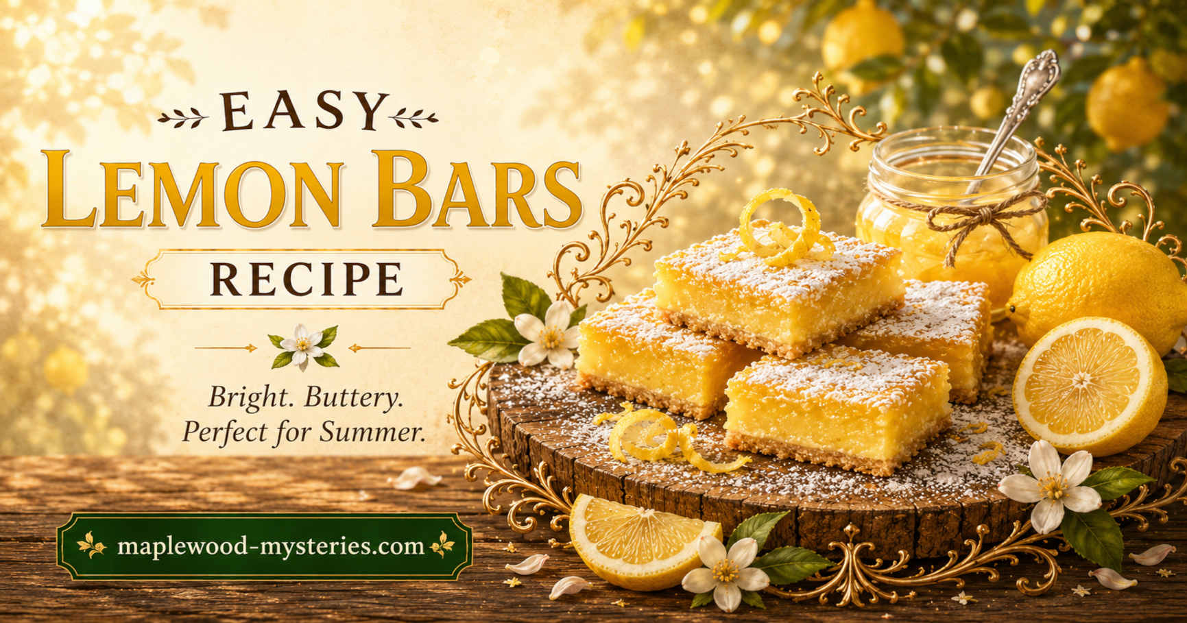 Lemon bars recipe image with bright summer baking details from Maplewood