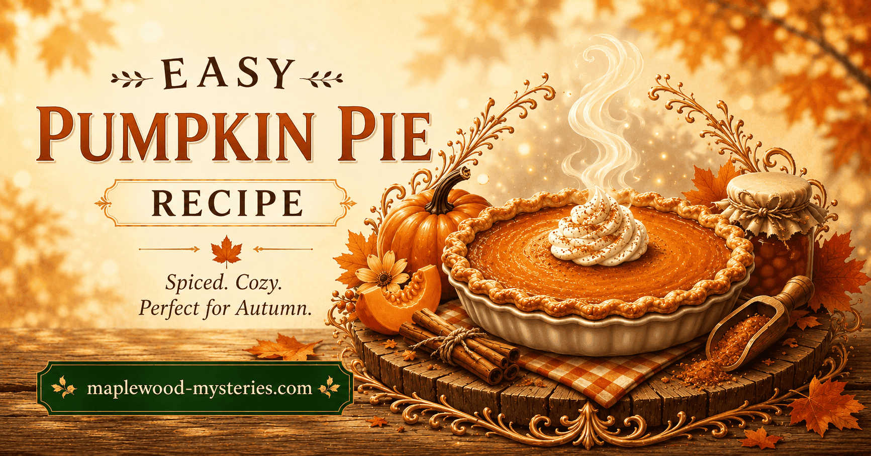 Pumpkin pie recipe image with warm autumn baking details from Maplewood