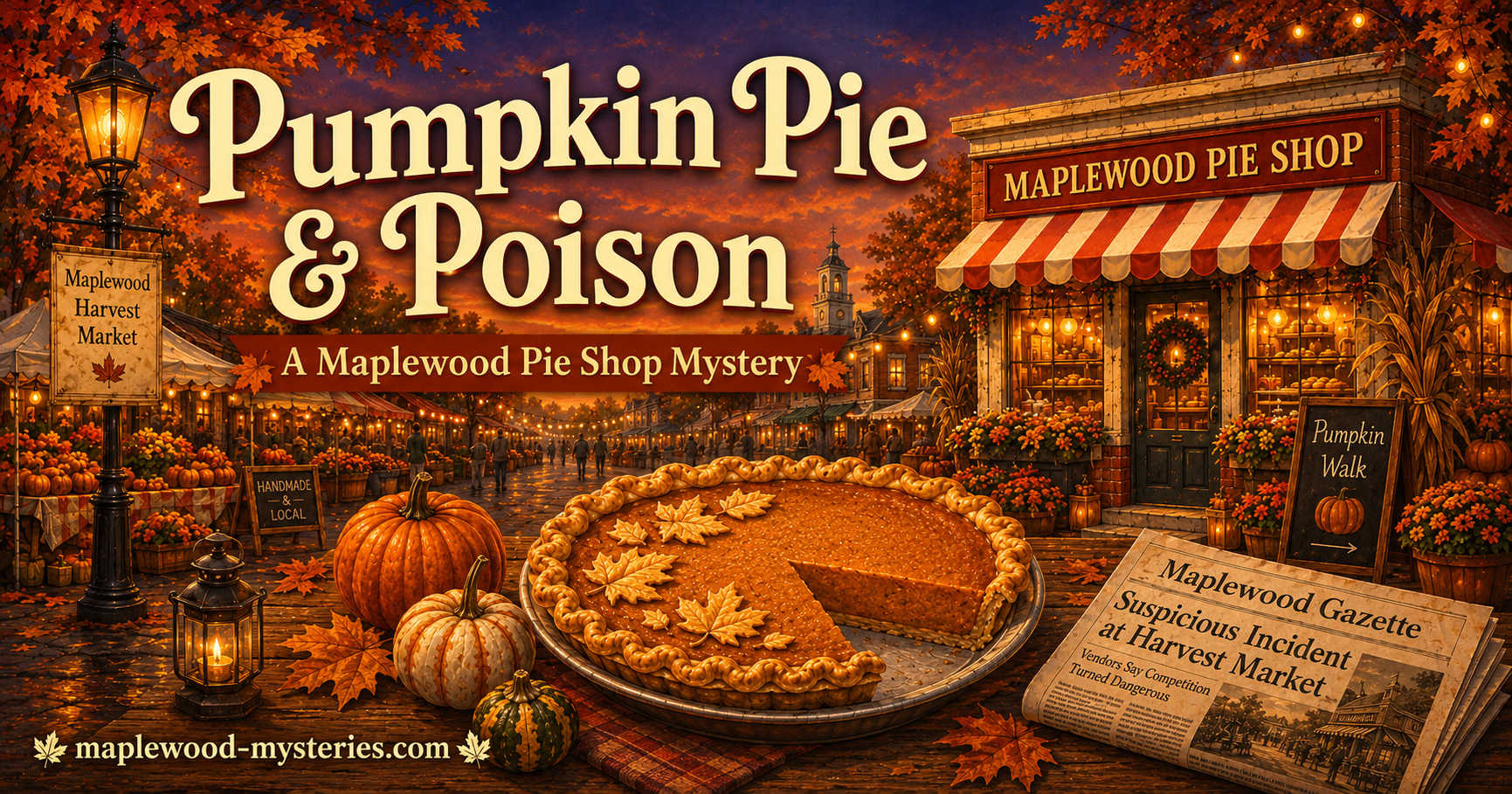 Pumpkin Pie & Poison book image with pumpkin pie and an autumn Maplewood mystery mood