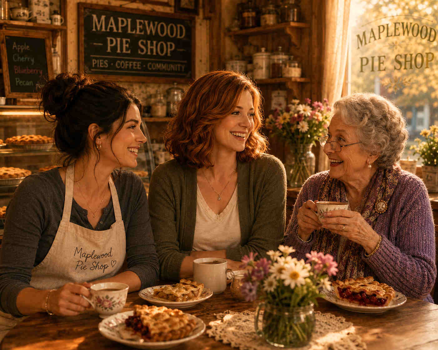 Portrait of familiar Maplewood neighbors gathered with a warm small-town mystery atmosphere