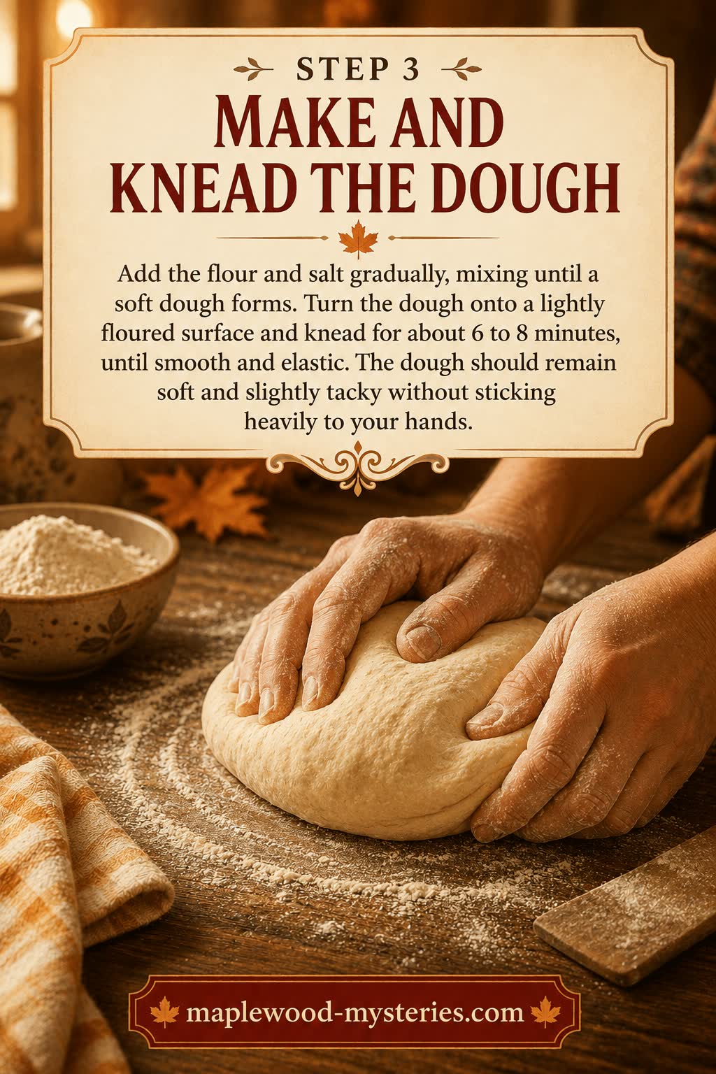 Cinnamon rolls step 3: soft dough being kneaded on a floured surface