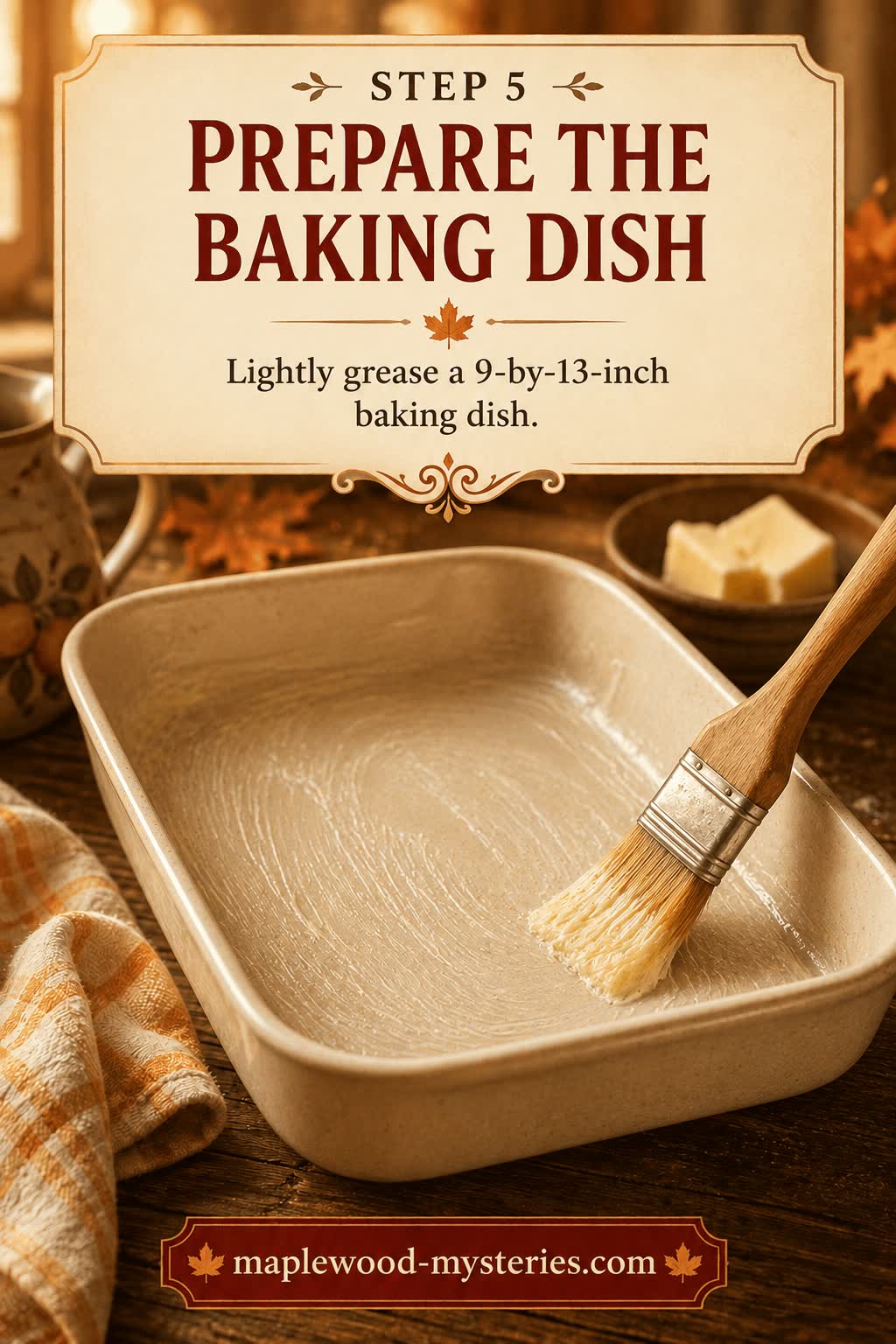 Cinnamon rolls step 5: greased baking dish ready for the rolls