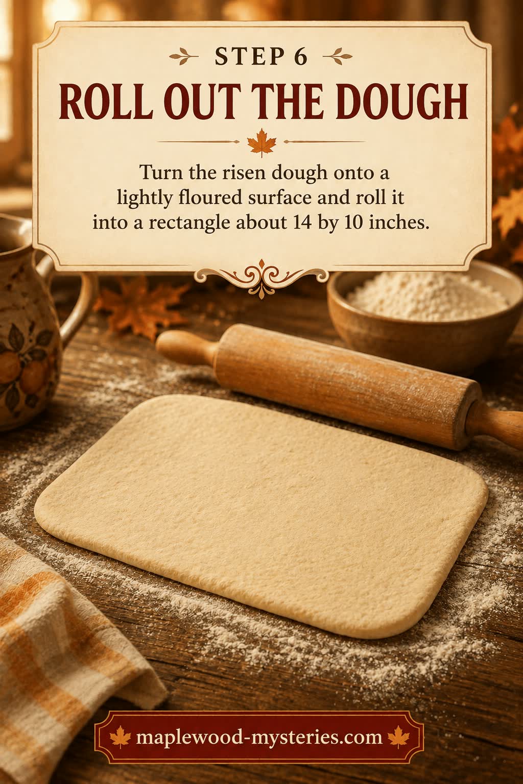 Cinnamon rolls step 6: risen dough rolled into a rectangle
