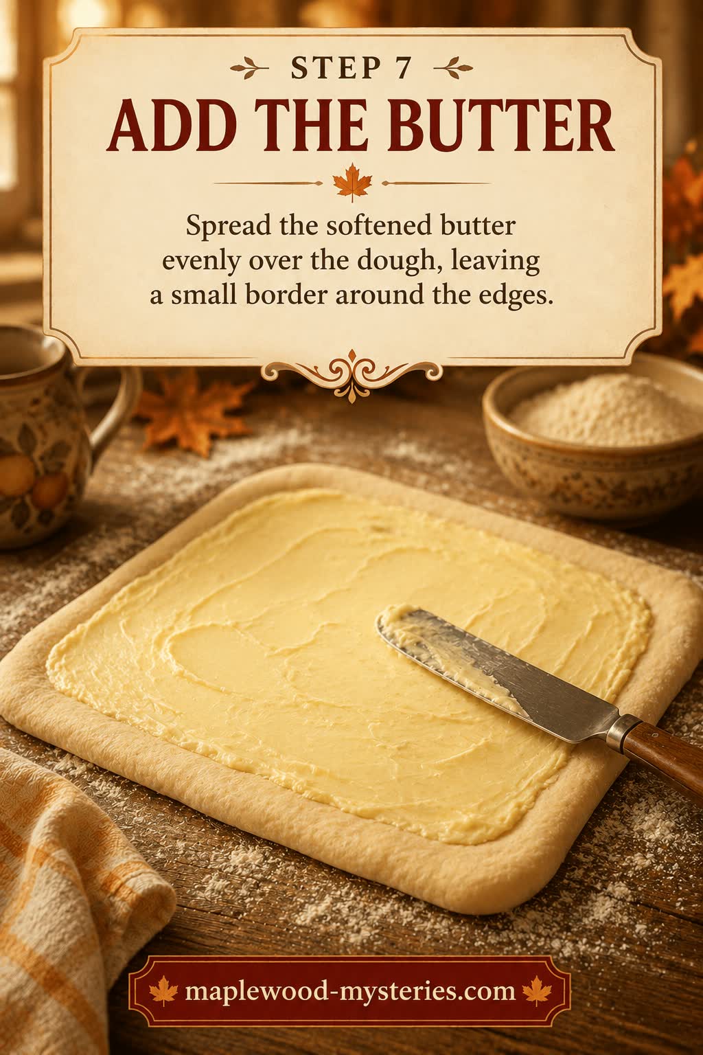 Cinnamon rolls step 7: softened butter spread over the dough