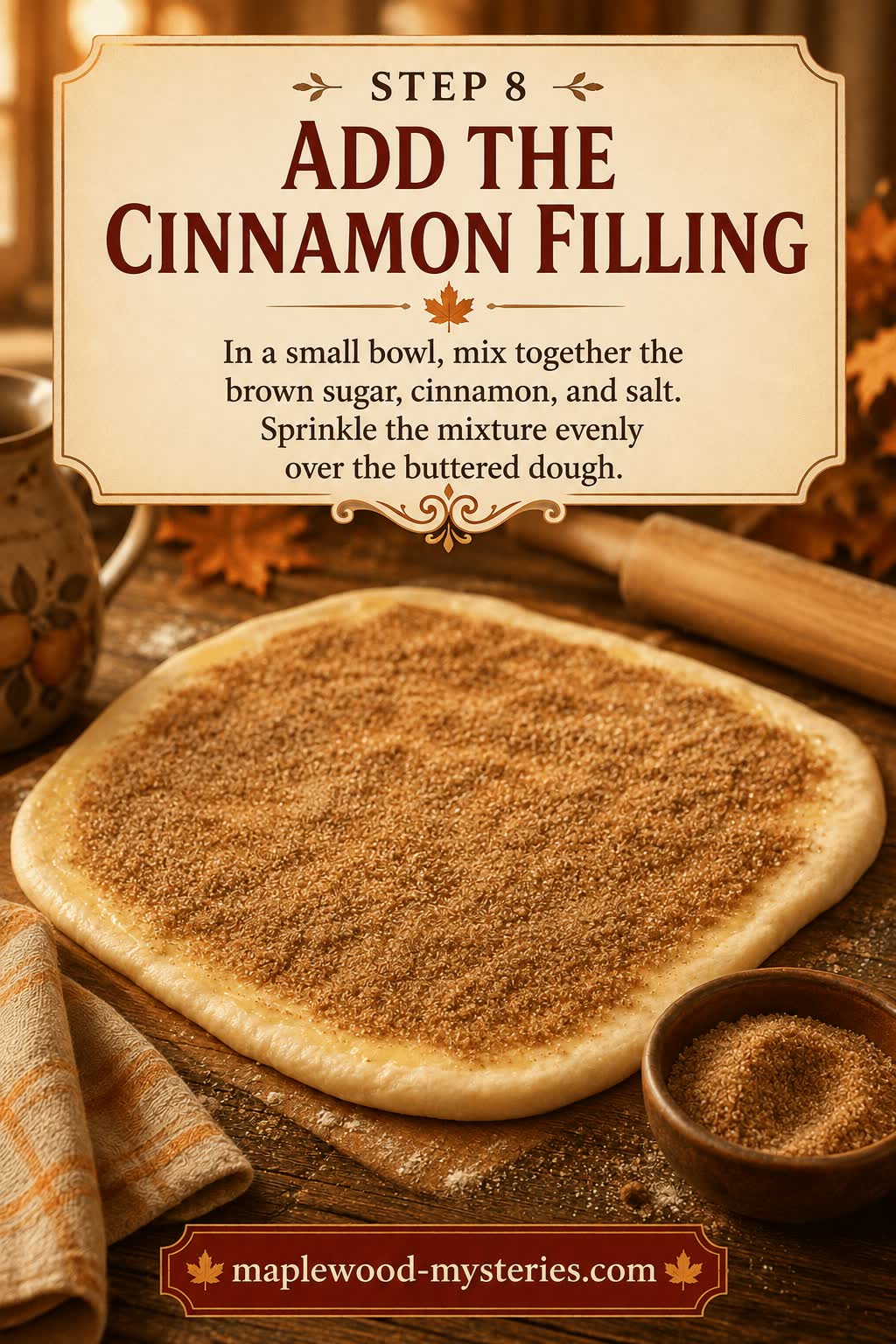 Cinnamon rolls step 8: cinnamon sugar sprinkled over buttered dough