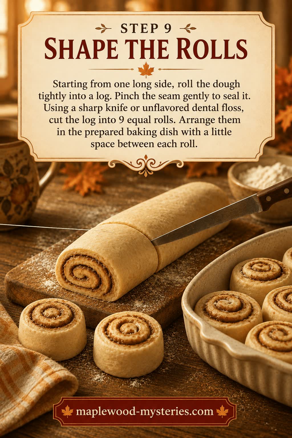 Cinnamon rolls step 9: rolled dough log cut into nine rolls